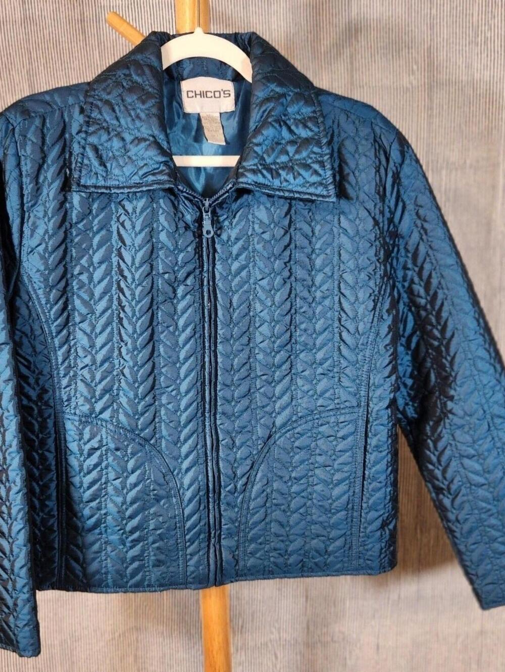 Chicos Medium Metallic Aqua Blue Quilted Lightweight Full Zip Coastal Jacket